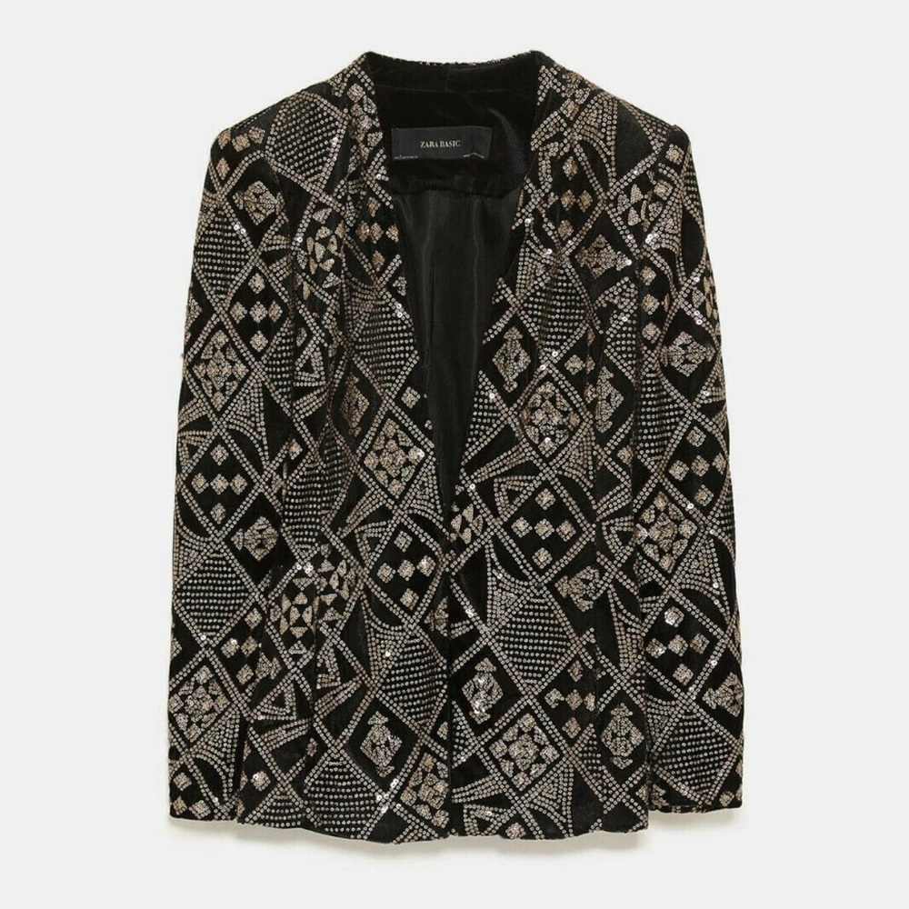 ZARA BLACK BLAZER VELVET EMBROIDERED GOLD SEQUINS COAT JACKET TRINNY - Large